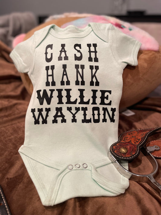 cash, hank, willie, waylon onesie