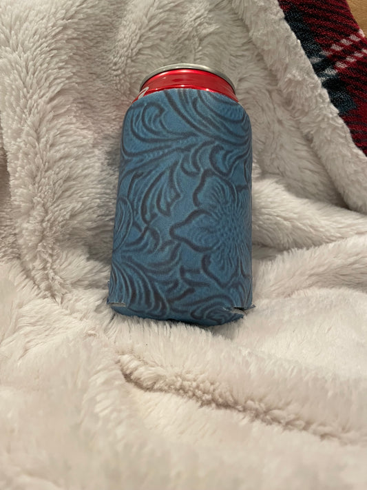 blue tooled print koozie